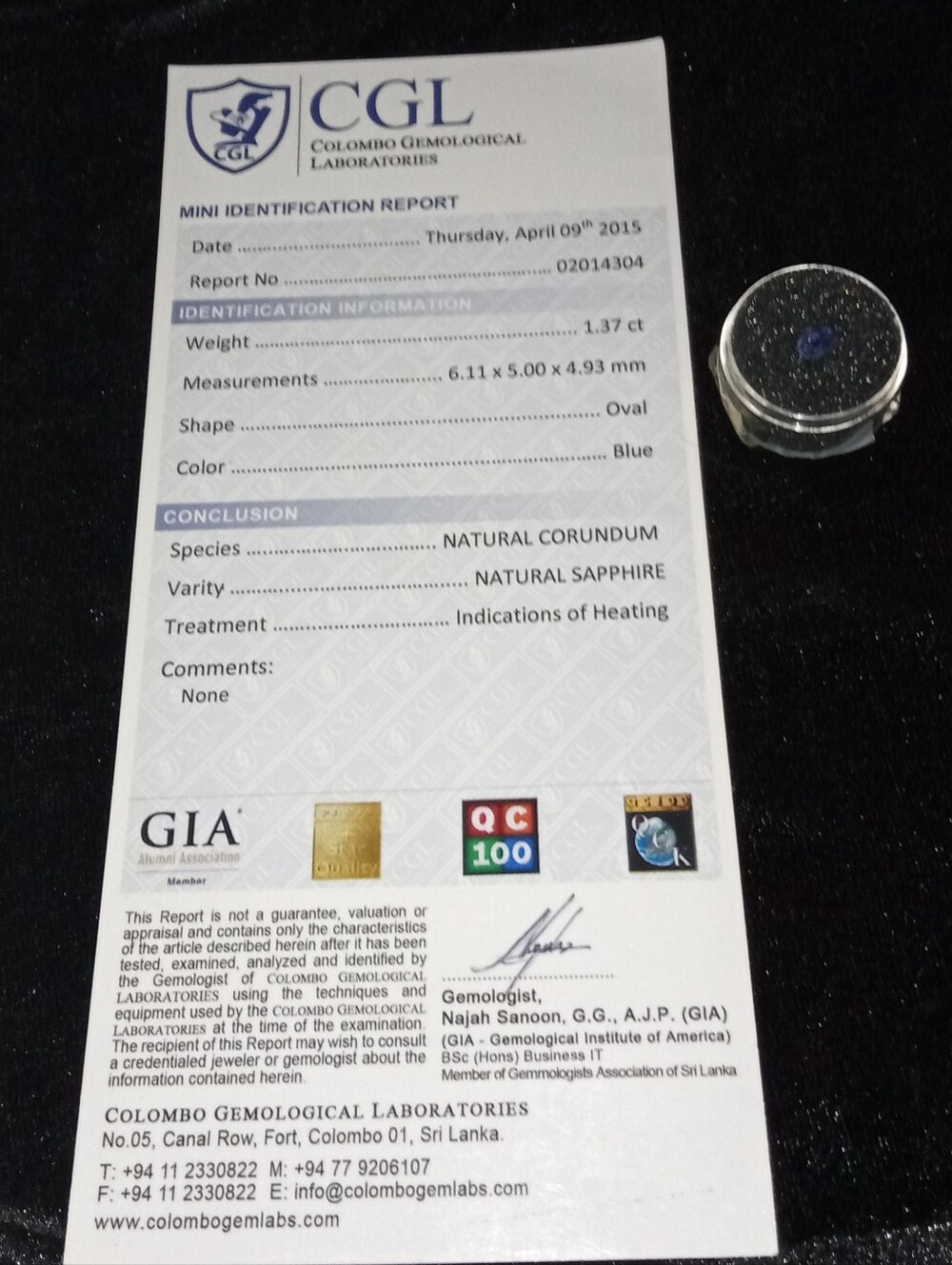 CGL Certified Heat Only 1.37ct Oval Blue Sapphire - Picture 4 of 11